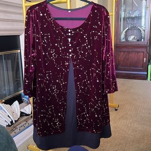 Holiday maroon and gold sparkly tunic or dress. Soft, stretchy and comfortable!